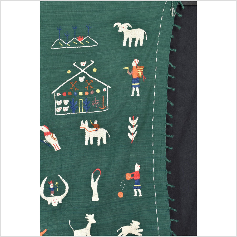 Dark green cotton story quilt Naga tribal textile ethnic embroidered boho fabric Burma hill tribe tapestry Thai India Hmong II169