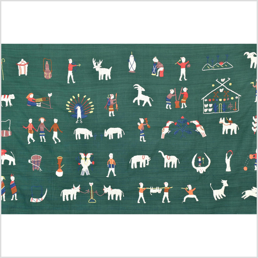 Dark green cotton story quilt Naga tribal textile ethnic embroidered boho fabric Burma hill tribe tapestry Thai India Hmong II169
