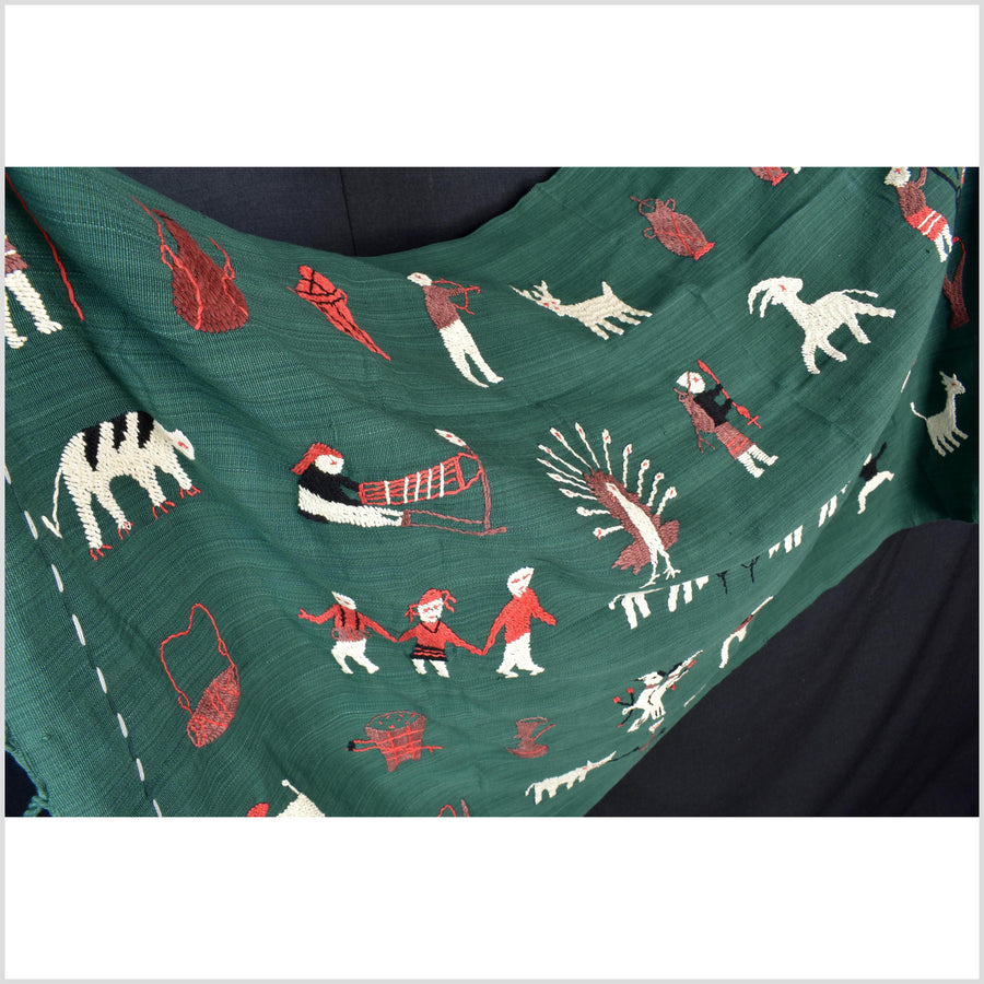 Dark green cotton story quilt Naga tribal textile ethnic embroidered boho fabric Burma hill tribe tapestry Thai India Hmong II170