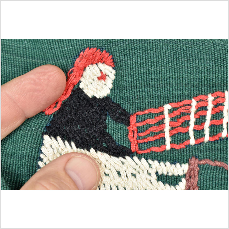 Dark green cotton story quilt Naga tribal textile ethnic embroidered boho fabric Burma hill tribe tapestry Thai India Hmong II170