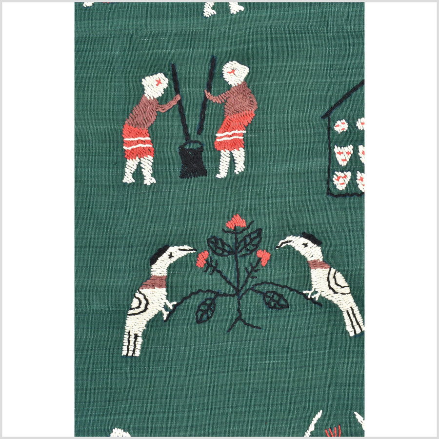 Dark green cotton story quilt Naga tribal textile ethnic embroidered boho fabric Burma hill tribe tapestry Thai India Hmong II170