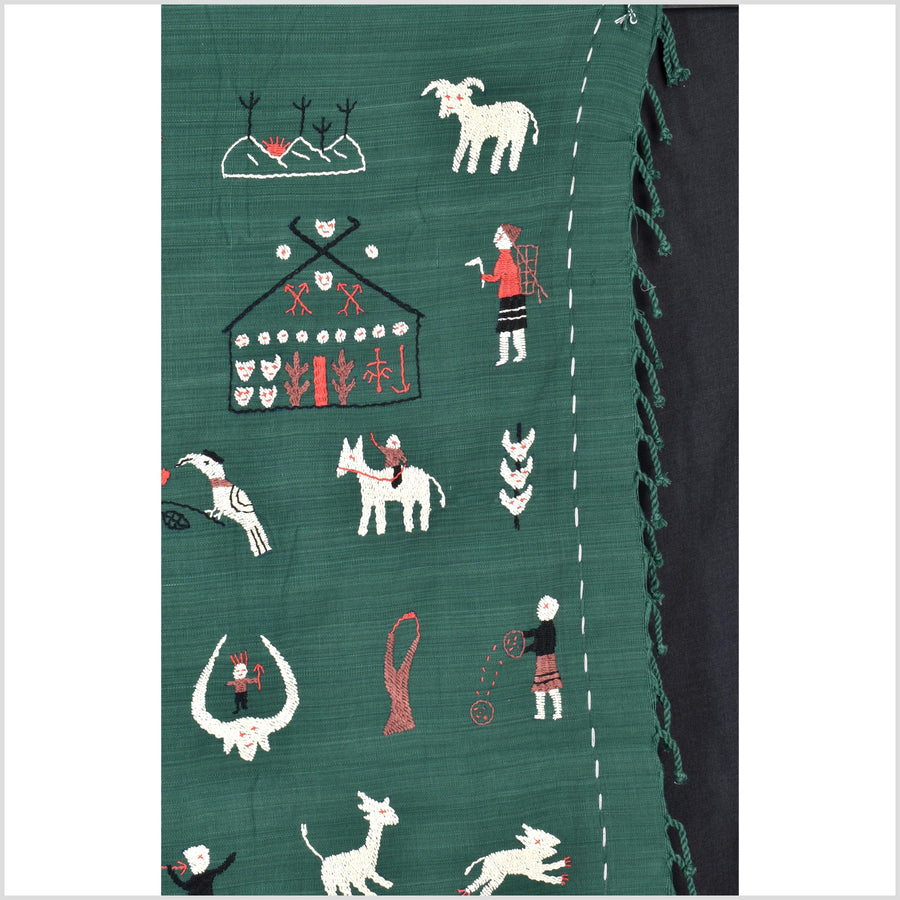 Dark green cotton story quilt Naga tribal textile ethnic embroidered boho fabric Burma hill tribe tapestry Thai India Hmong II170