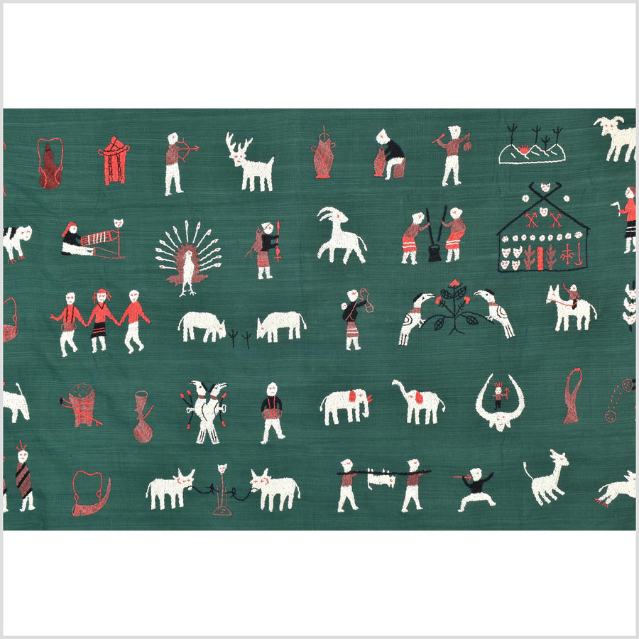 Dark green cotton story quilt Naga tribal textile ethnic embroidered boho fabric Burma hill tribe tapestry Thai India Hmong II170