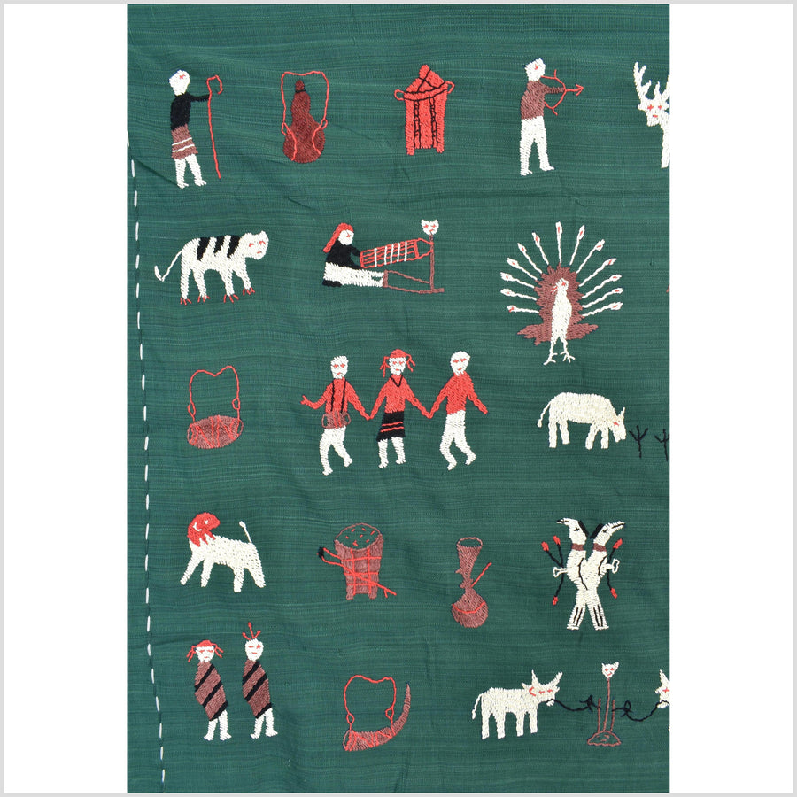 Dark green cotton story quilt Naga tribal textile ethnic embroidered boho fabric Burma hill tribe tapestry Thai India Hmong II170