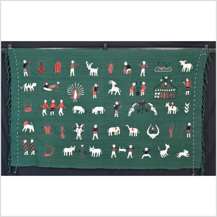 Dark green cotton story quilt Naga tribal textile ethnic embroidered boho fabric Burma hill tribe tapestry Thai India Hmong II170
