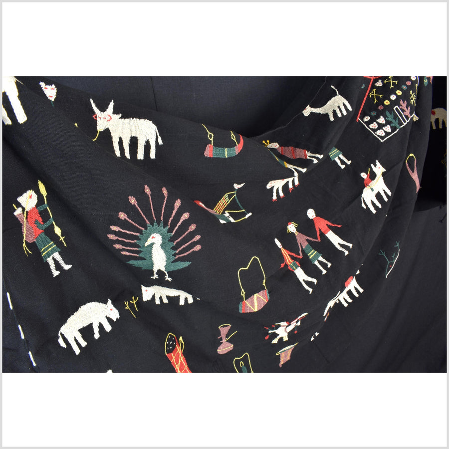 Pitch black cotton story quilt Naga tribal textile ethnic embroidered boho fabric Burma hill tribe tapestry Thai India Hmong II171