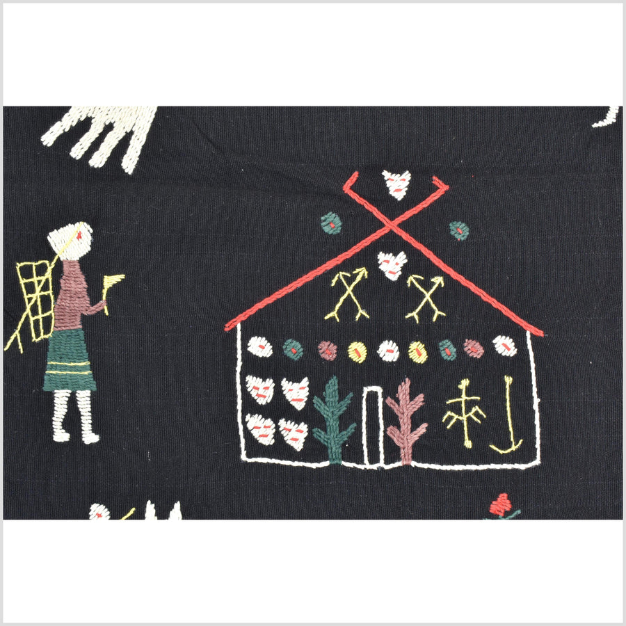 Pitch black cotton story quilt Naga tribal textile ethnic embroidered boho fabric Burma hill tribe tapestry Thai India Hmong II171
