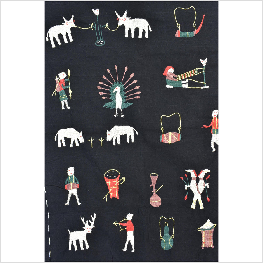 Pitch black cotton story quilt Naga tribal textile ethnic embroidered boho fabric Burma hill tribe tapestry Thai India Hmong II171