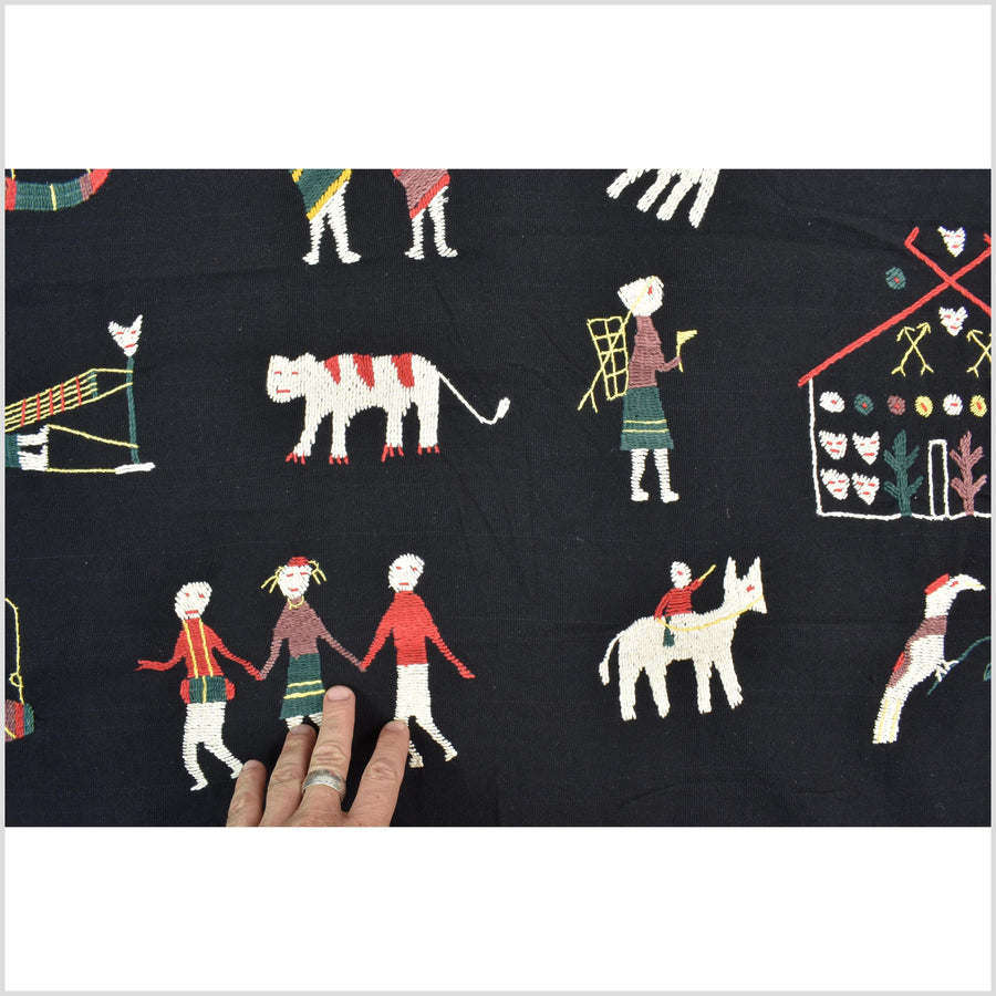 Pitch black cotton story quilt Naga tribal textile ethnic embroidered boho fabric Burma hill tribe tapestry Thai India Hmong II171