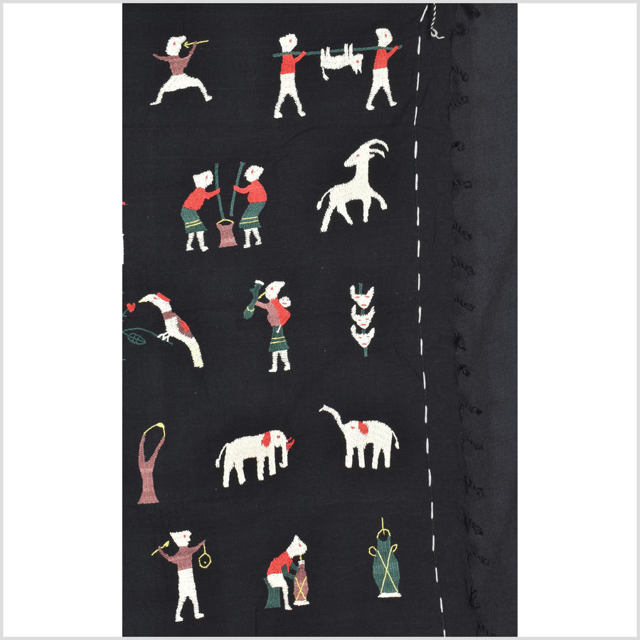 Pitch black cotton story quilt Naga tribal textile ethnic embroidered boho fabric Burma hill tribe tapestry Thai India Hmong II171