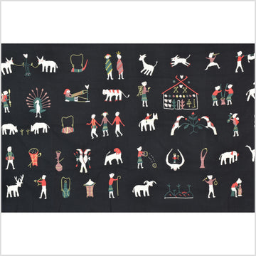 Pitch black cotton story quilt Naga tribal textile ethnic embroidered boho fabric Burma hill tribe tapestry Thai India Hmong II171