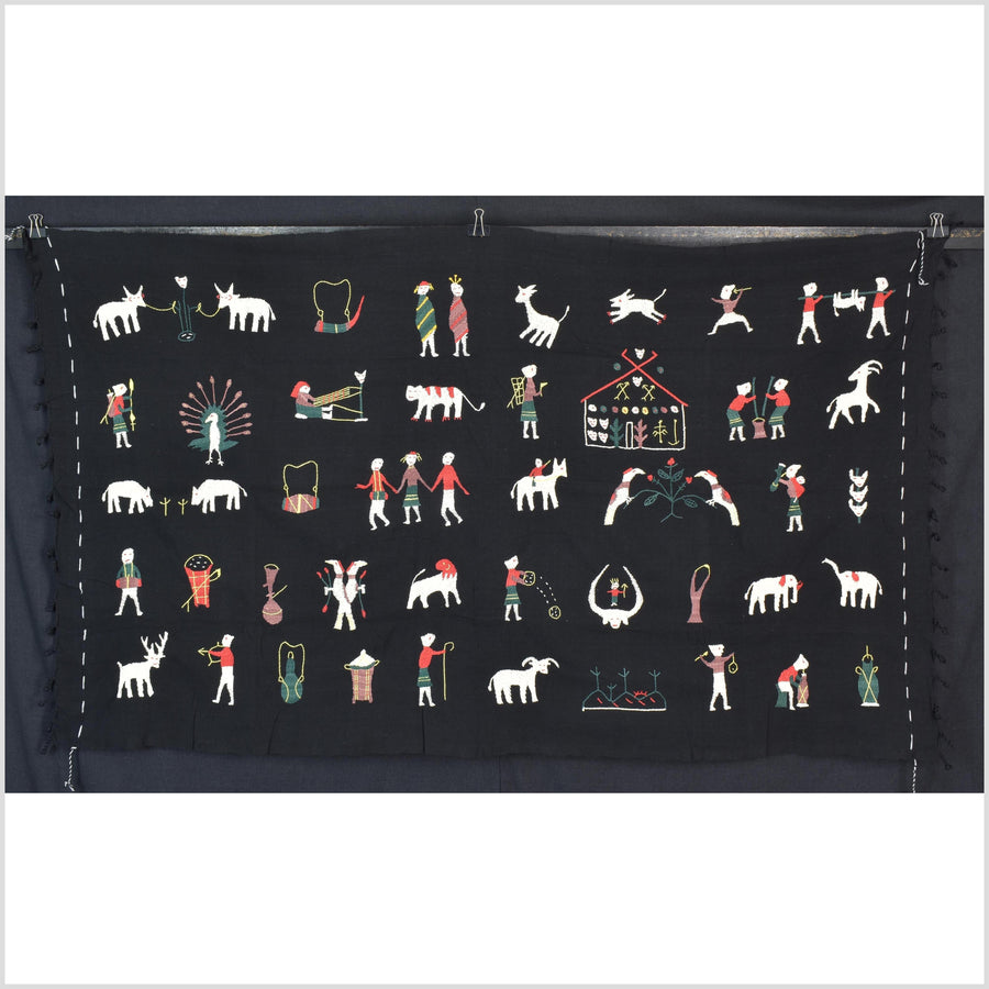 Pitch black cotton story quilt Naga tribal textile ethnic embroidered boho fabric Burma hill tribe tapestry Thai India Hmong II171
