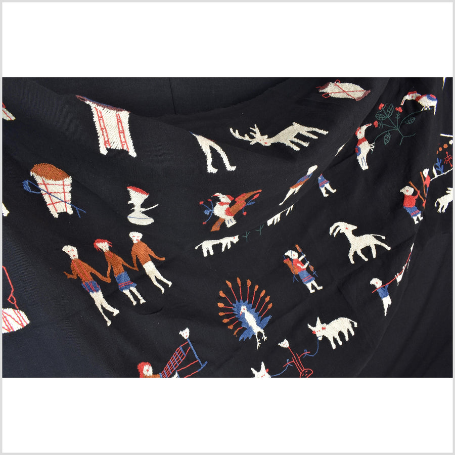 Pitch black cotton story quilt Naga tribal textile ethnic embroidered boho fabric Burma hill tribe tapestry Thai India Hmong II172