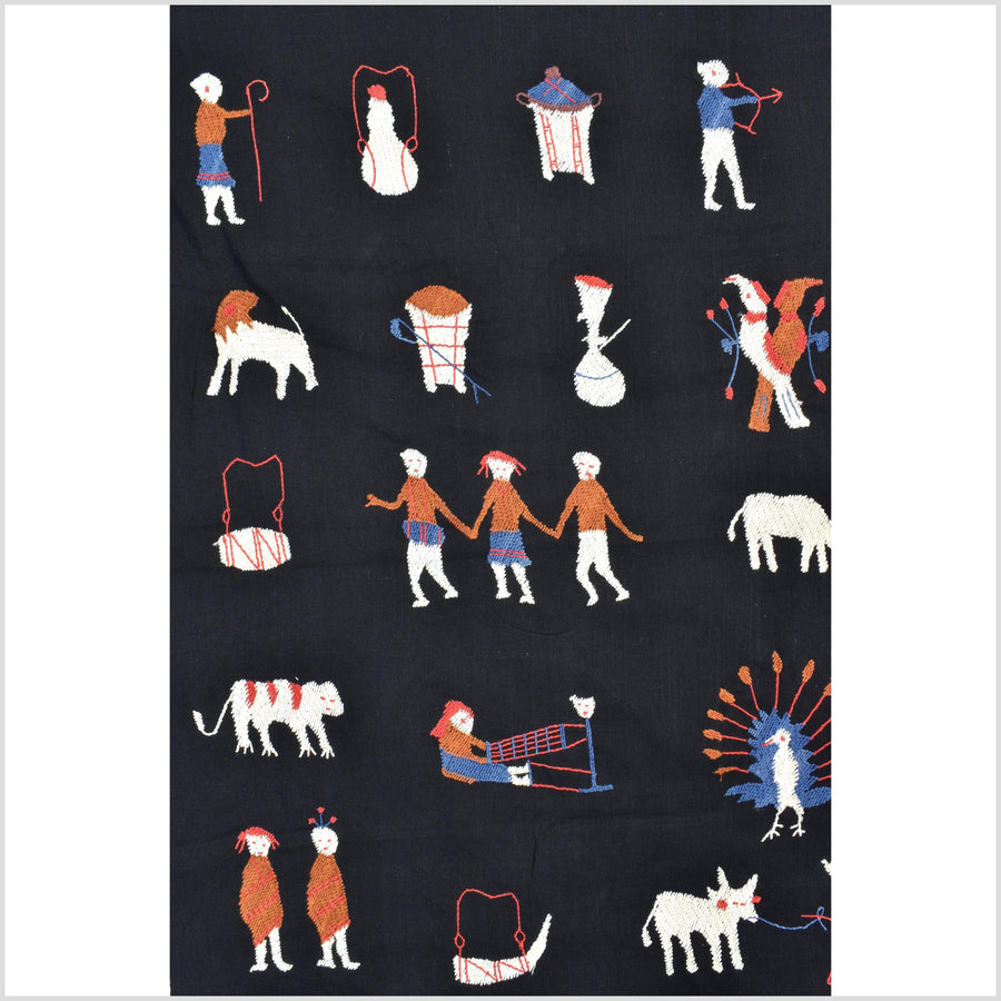 Pitch black cotton story quilt Naga tribal textile ethnic embroidered boho fabric Burma hill tribe tapestry Thai India Hmong II172