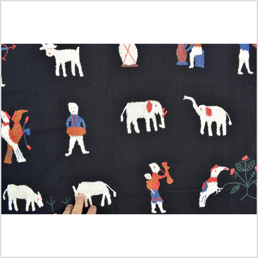 Pitch black cotton story quilt Naga tribal textile ethnic embroidered boho fabric Burma hill tribe tapestry Thai India Hmong II172