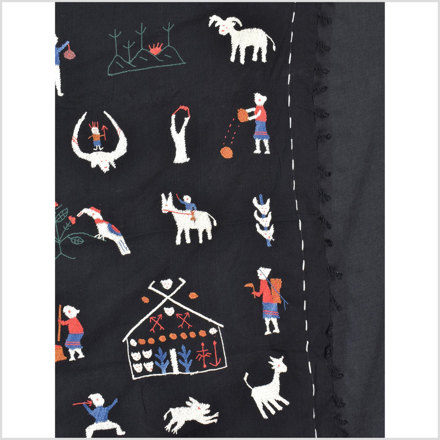Pitch black cotton story quilt Naga tribal textile ethnic embroidered boho fabric Burma hill tribe tapestry Thai India Hmong II172