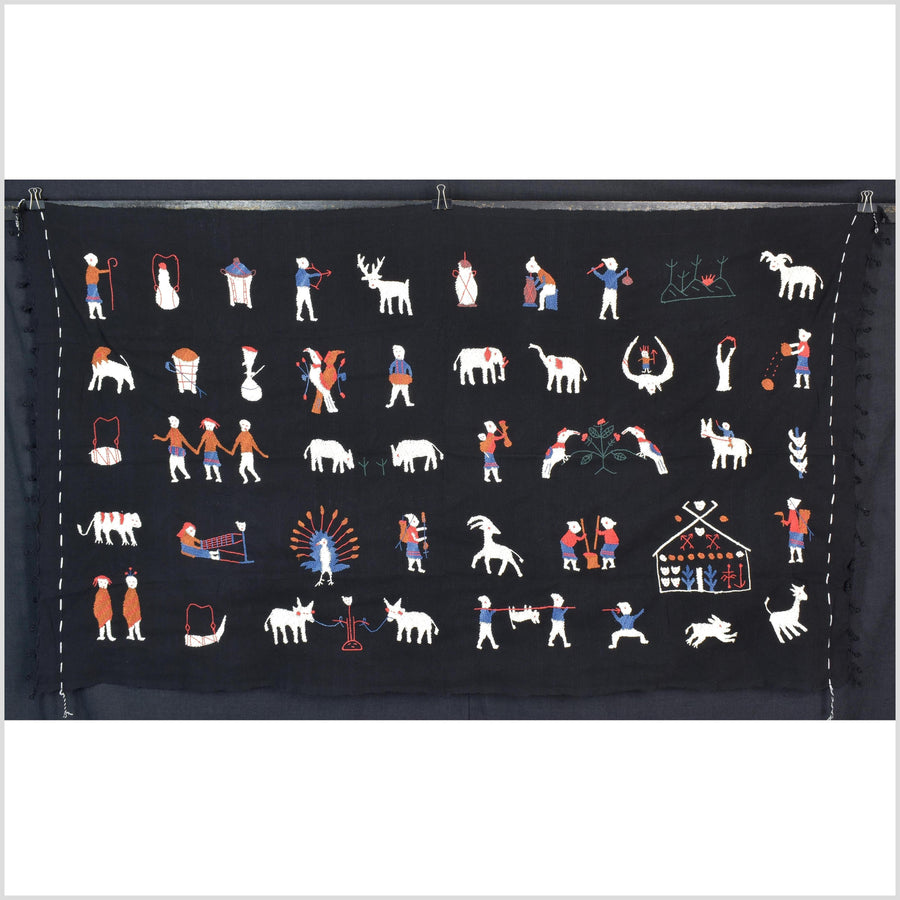 Pitch black cotton story quilt Naga tribal textile ethnic embroidered boho fabric Burma hill tribe tapestry Thai India Hmong II172