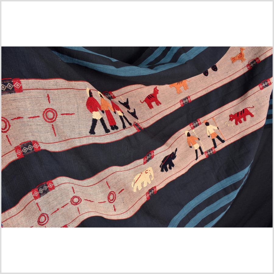 Black & blue peach cotton story quilt Naga tribal textile ethnic embroidered boho fabric Burma hill tribe tapestry Thai India Hmong II173