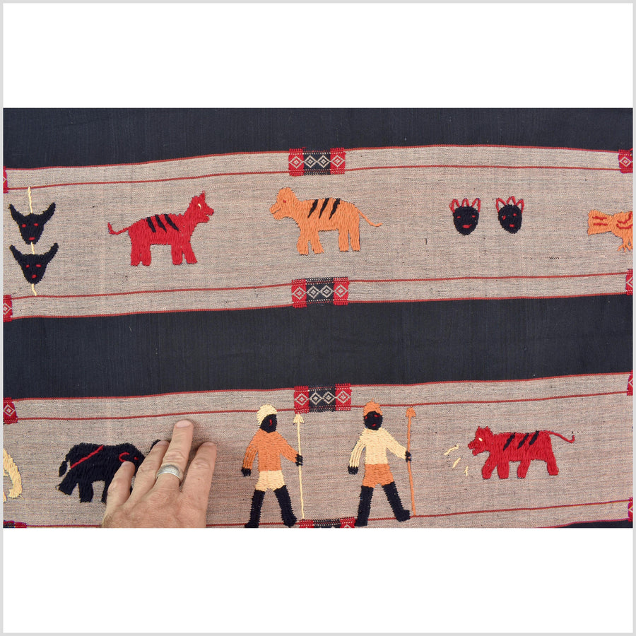 Black & blue peach cotton story quilt Naga tribal textile ethnic embroidered boho fabric Burma hill tribe tapestry Thai India Hmong II173