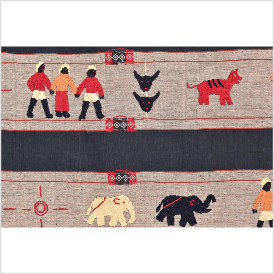 Black & blue peach cotton story quilt Naga tribal textile ethnic embroidered boho fabric Burma hill tribe tapestry Thai India Hmong II173