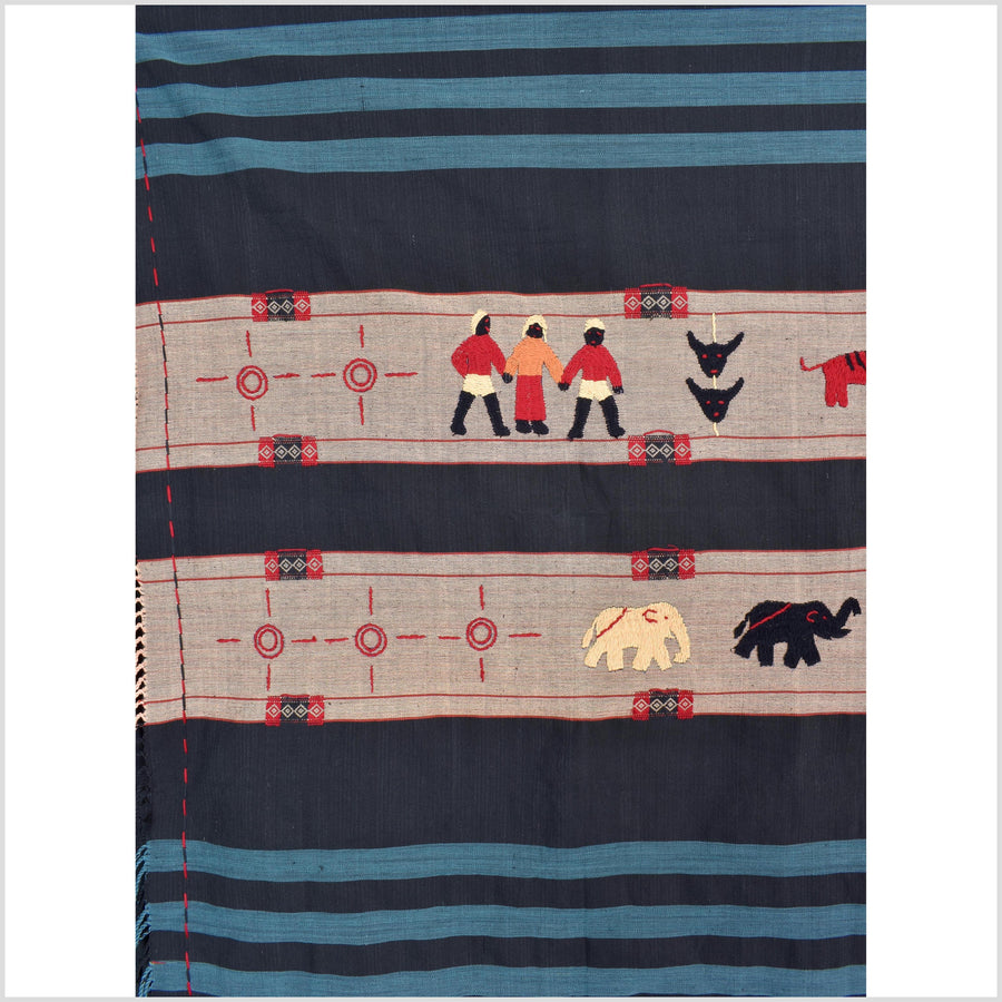 Black & blue peach cotton story quilt Naga tribal textile ethnic embroidered boho fabric Burma hill tribe tapestry Thai India Hmong II173