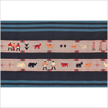 Black & blue peach cotton story quilt Naga tribal textile ethnic embroidered boho fabric Burma hill tribe tapestry Thai India Hmong II173