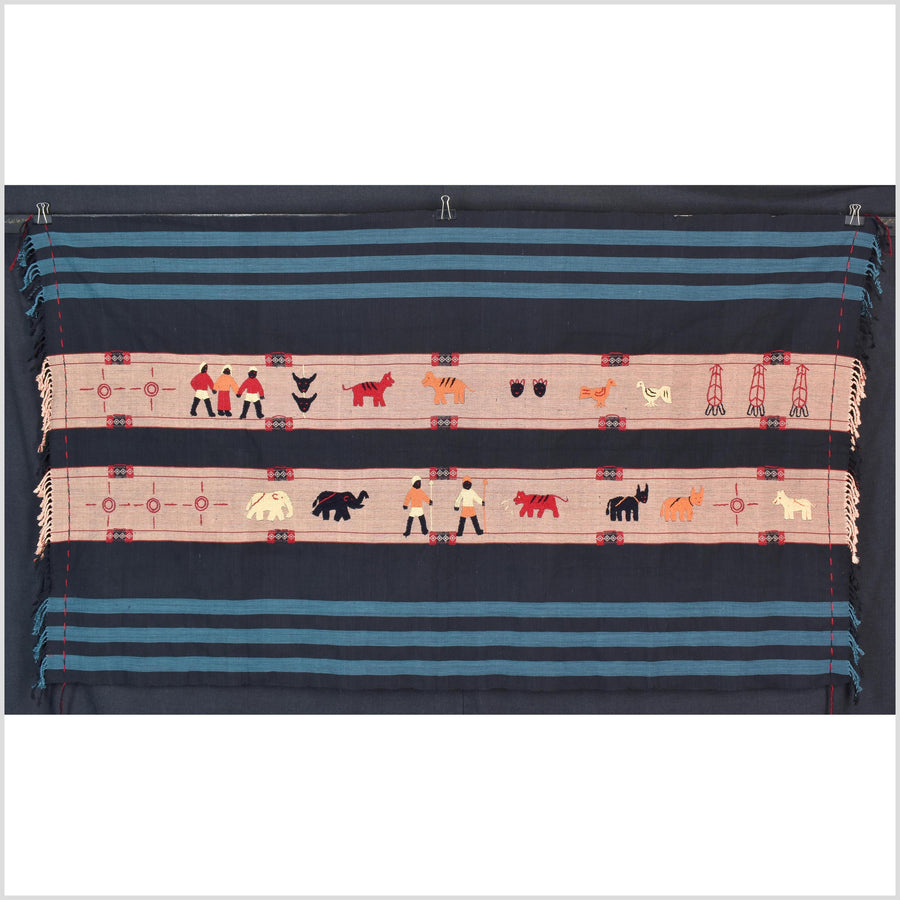 Black & blue peach cotton story quilt Naga tribal textile ethnic embroidered boho fabric Burma hill tribe tapestry Thai India Hmong II173