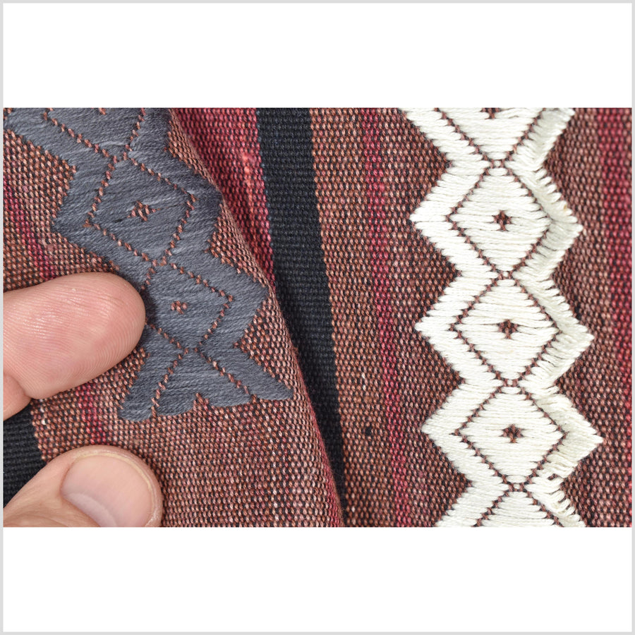 Tribal home decor ethnic Naga blanket unique, black, blush, red, handwoven cotton throw boho Thailand Burma India tapestry ii174