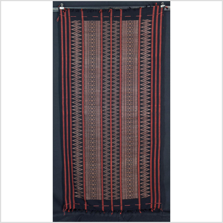 Tribal home decor ethnic Naga blanket unique, black, blush, red, handwoven cotton throw boho Thailand Burma India tapestry ii175
