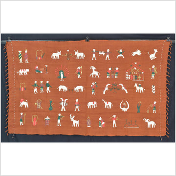 Saffron orange cotton story quilt Naga tribal textile ethnic embroidered boho fabric Burma hill tribe tapestry Thai India Hmong II176