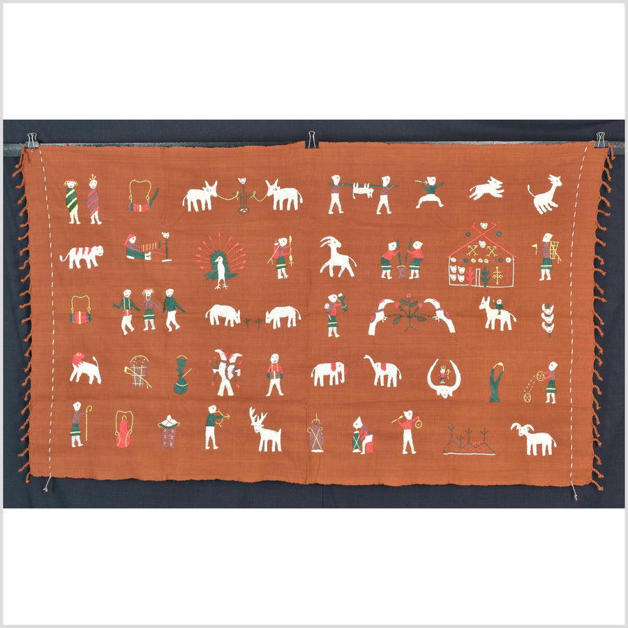 Saffron orange cotton story quilt Naga tribal textile ethnic embroidered boho fabric Burma hill tribe tapestry Thai India Hmong II176