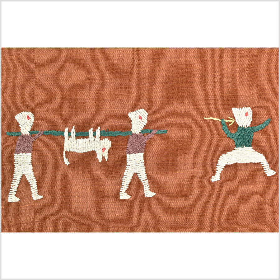 Saffron orange cotton story quilt Naga tribal textile ethnic embroidered boho fabric Burma hill tribe tapestry Thai India Hmong II176