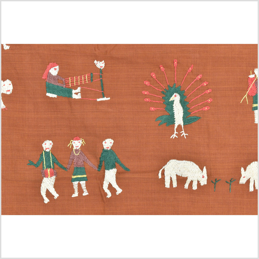 Saffron orange cotton story quilt Naga tribal textile ethnic embroidered boho fabric Burma hill tribe tapestry Thai India Hmong II176