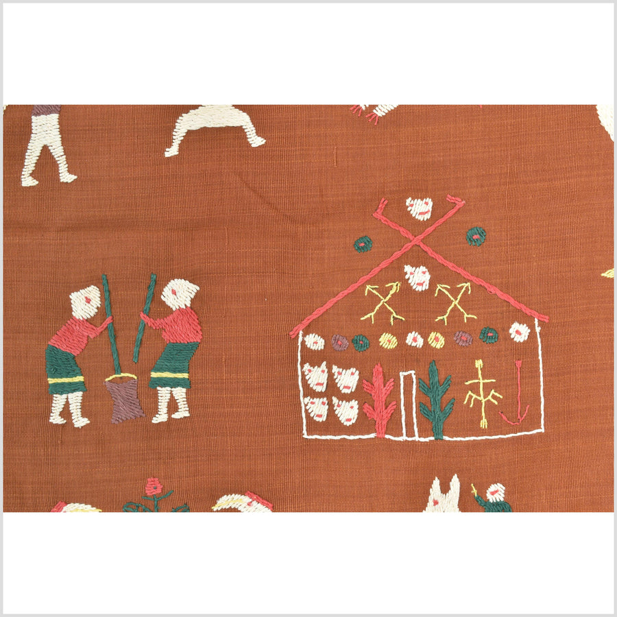 Saffron orange cotton story quilt Naga tribal textile ethnic embroidered boho fabric Burma hill tribe tapestry Thai India Hmong II176