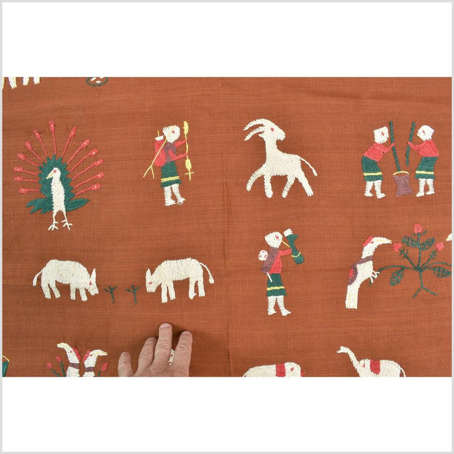 Saffron orange cotton story quilt Naga tribal textile ethnic embroidered boho fabric Burma hill tribe tapestry Thai India Hmong II176