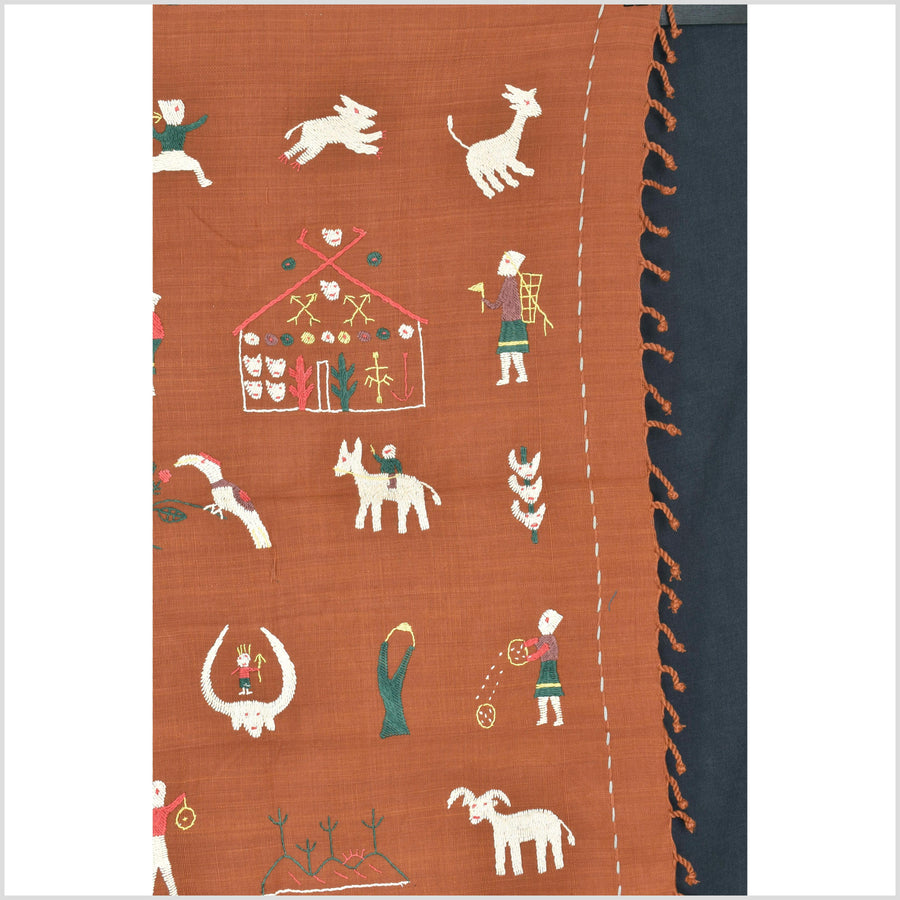 Saffron orange cotton story quilt Naga tribal textile ethnic embroidered boho fabric Burma hill tribe tapestry Thai India Hmong II176