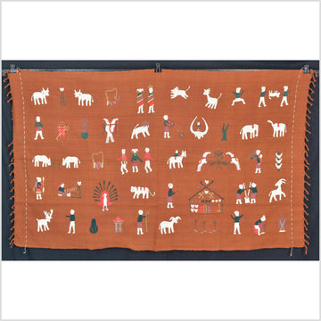 Saffron orange cotton story quilt Naga tribal textile ethnic embroidered boho fabric Burma hill tribe tapestry Thai India Hmong II177