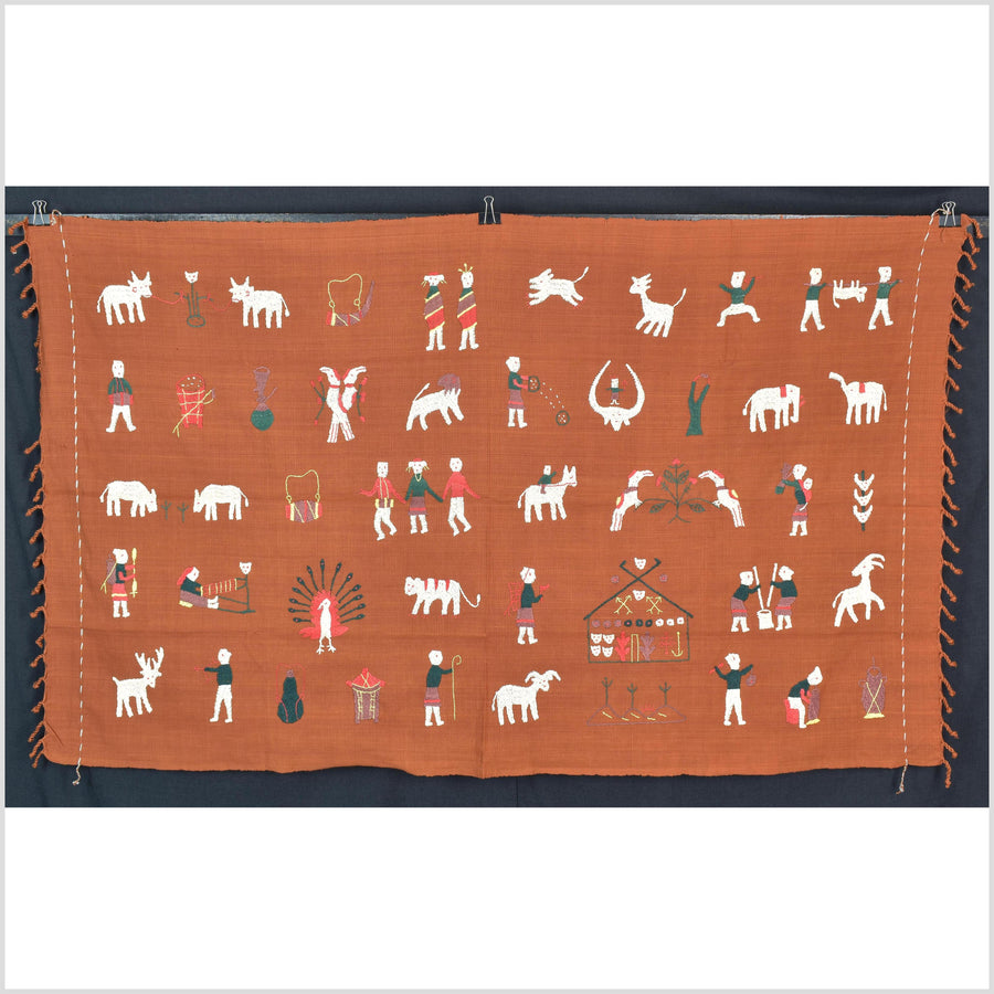 Saffron orange cotton story quilt Naga tribal textile ethnic embroidered boho fabric Burma hill tribe tapestry Thai India Hmong II177