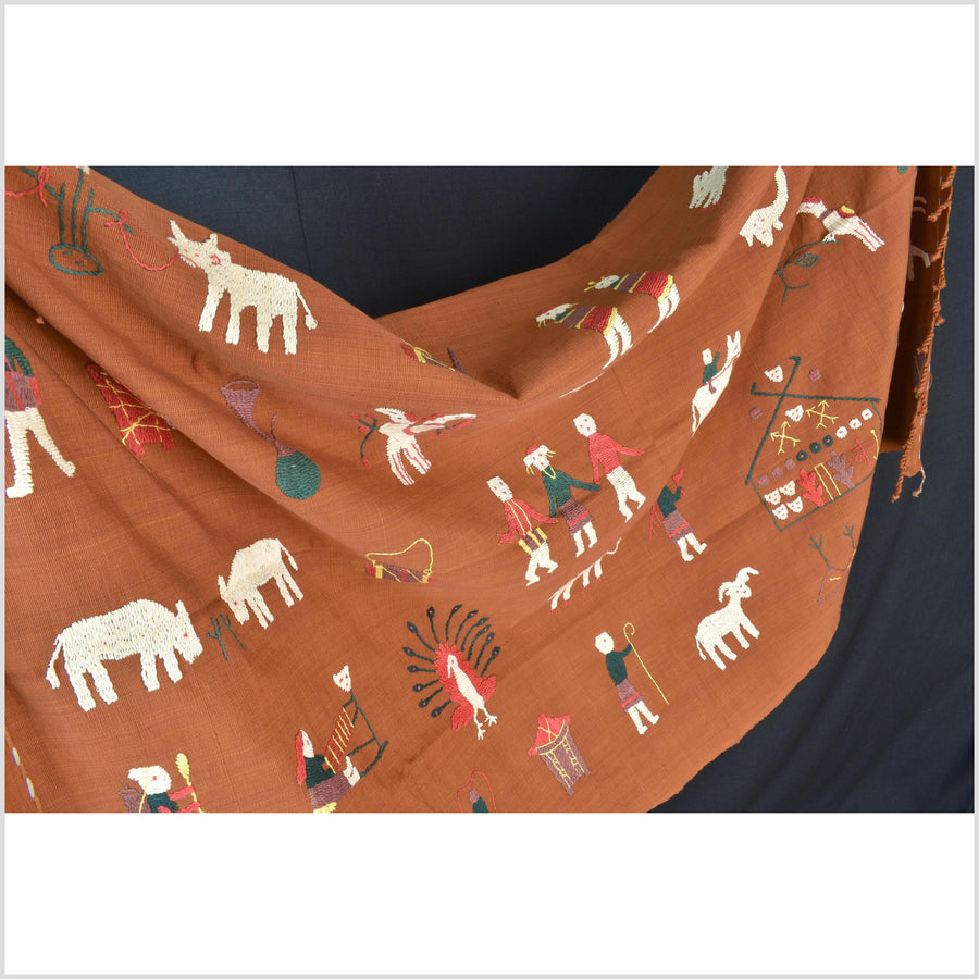 Saffron orange cotton story quilt Naga tribal textile ethnic embroidered boho fabric Burma hill tribe tapestry Thai India Hmong II177
