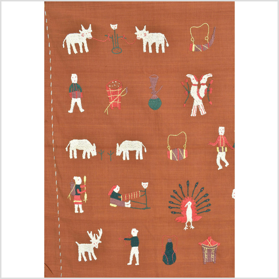 Saffron orange cotton story quilt Naga tribal textile ethnic embroidered boho fabric Burma hill tribe tapestry Thai India Hmong II177