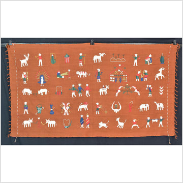 Saffron orange cotton story quilt Naga tribal textile ethnic embroidered boho fabric Burma hill tribe tapestry Thai India Hmong II178