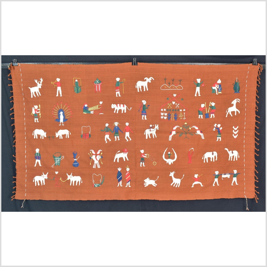 Saffron orange cotton story quilt Naga tribal textile ethnic embroidered boho fabric Burma hill tribe tapestry Thai India Hmong II178