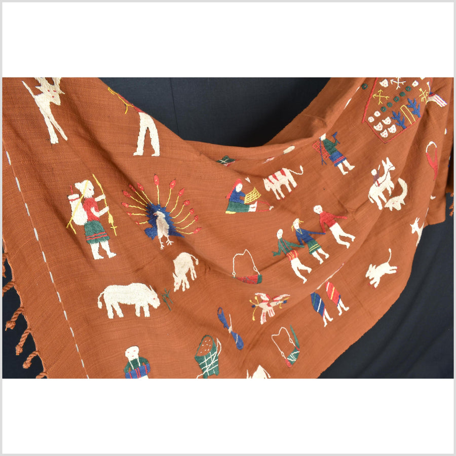 Saffron orange cotton story quilt Naga tribal textile ethnic embroidered boho fabric Burma hill tribe tapestry Thai India Hmong II178