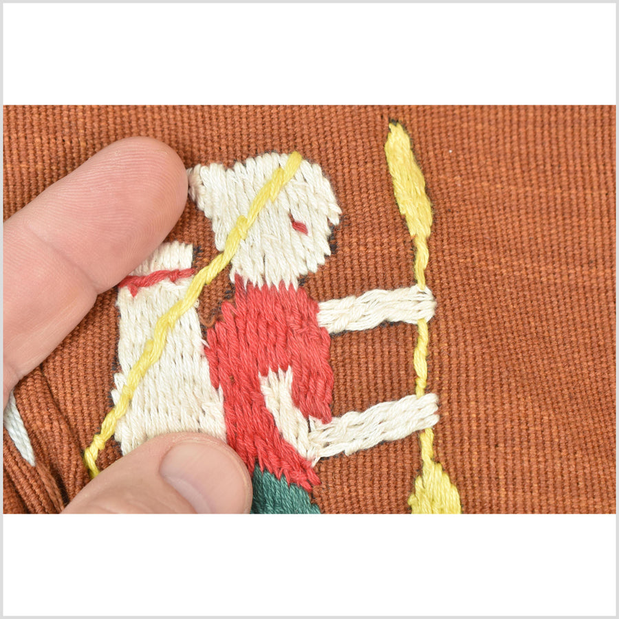 Saffron orange cotton story quilt Naga tribal textile ethnic embroidered boho fabric Burma hill tribe tapestry Thai India Hmong II178