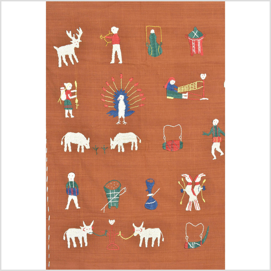 Saffron orange cotton story quilt Naga tribal textile ethnic embroidered boho fabric Burma hill tribe tapestry Thai India Hmong II178