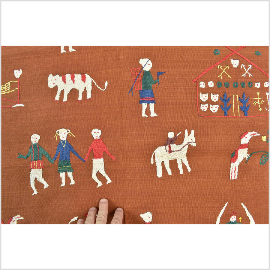 Saffron orange cotton story quilt Naga tribal textile ethnic embroidered boho fabric Burma hill tribe tapestry Thai India Hmong II178