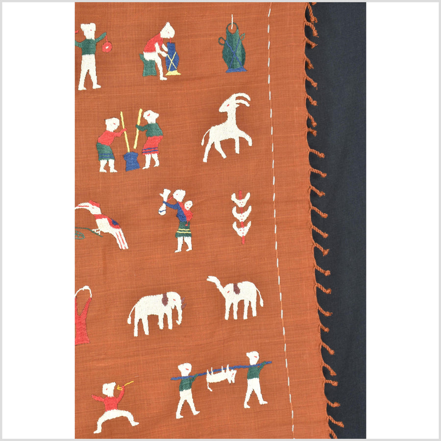 Saffron orange cotton story quilt Naga tribal textile ethnic embroidered boho fabric Burma hill tribe tapestry Thai India Hmong II178
