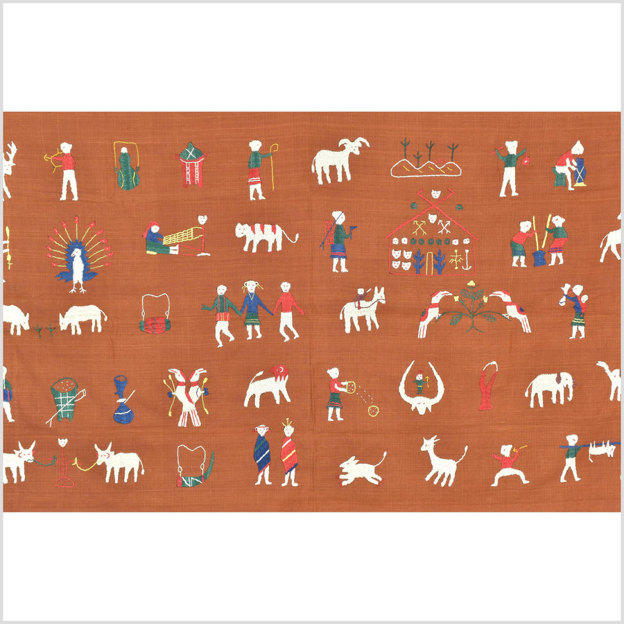 Saffron orange cotton story quilt Naga tribal textile ethnic embroidered boho fabric Burma hill tribe tapestry Thai India Hmong II178