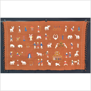 Saffron orange cotton story quilt Naga tribal textile ethnic embroidered boho fabric Burma hill tribe tapestry Thai India Hmong II179
