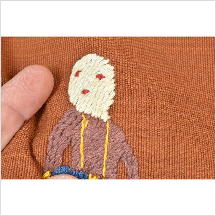 Saffron orange cotton story quilt Naga tribal textile ethnic embroidered boho fabric Burma hill tribe tapestry Thai India Hmong II179
